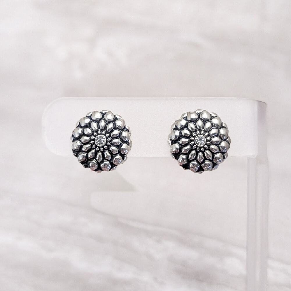 Vintage Clip On Earrings Silver Tone Flower with Black Detail & Clear Gem 5/8"
